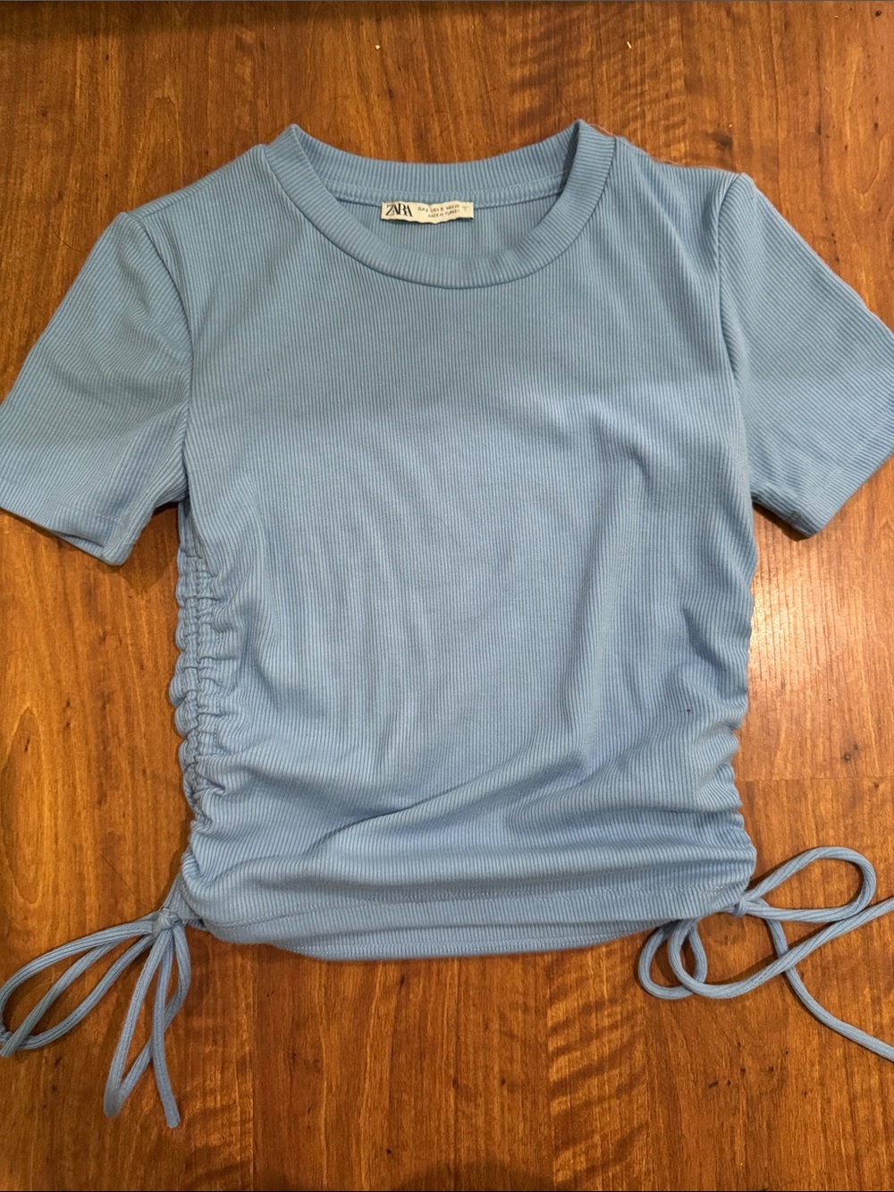 Zara Sky Blue Ribbed Side-Tie Crop Top